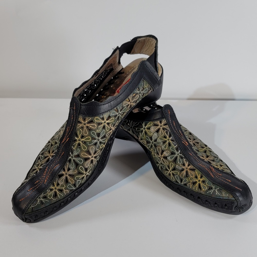 Pikolinos Floral Cutout Leather Wedge Pumps Olive Green EU40/US9.5 Made in Spain